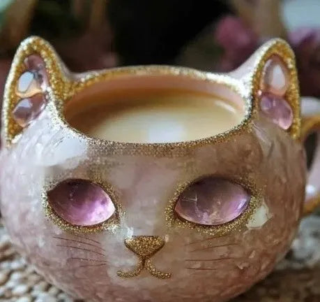 Purple handmade geode crystal cat-shaped resin mug on a wooden surface.
