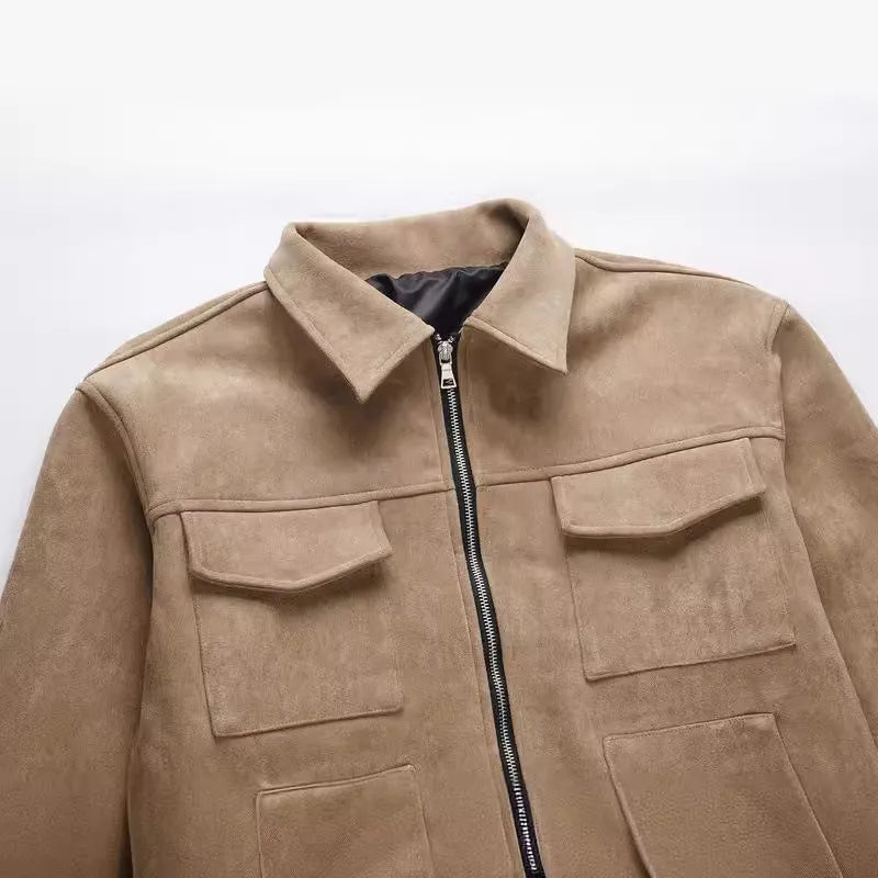 A man's slim-fit jacket in camel colour with a thickened zipper and large side pockets.