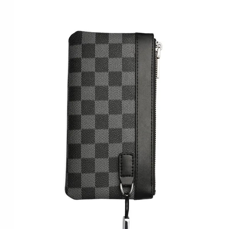 Black genuine leather men's clutch wallet showing first-layer cowhide texture and rectangular 20x10cm shape