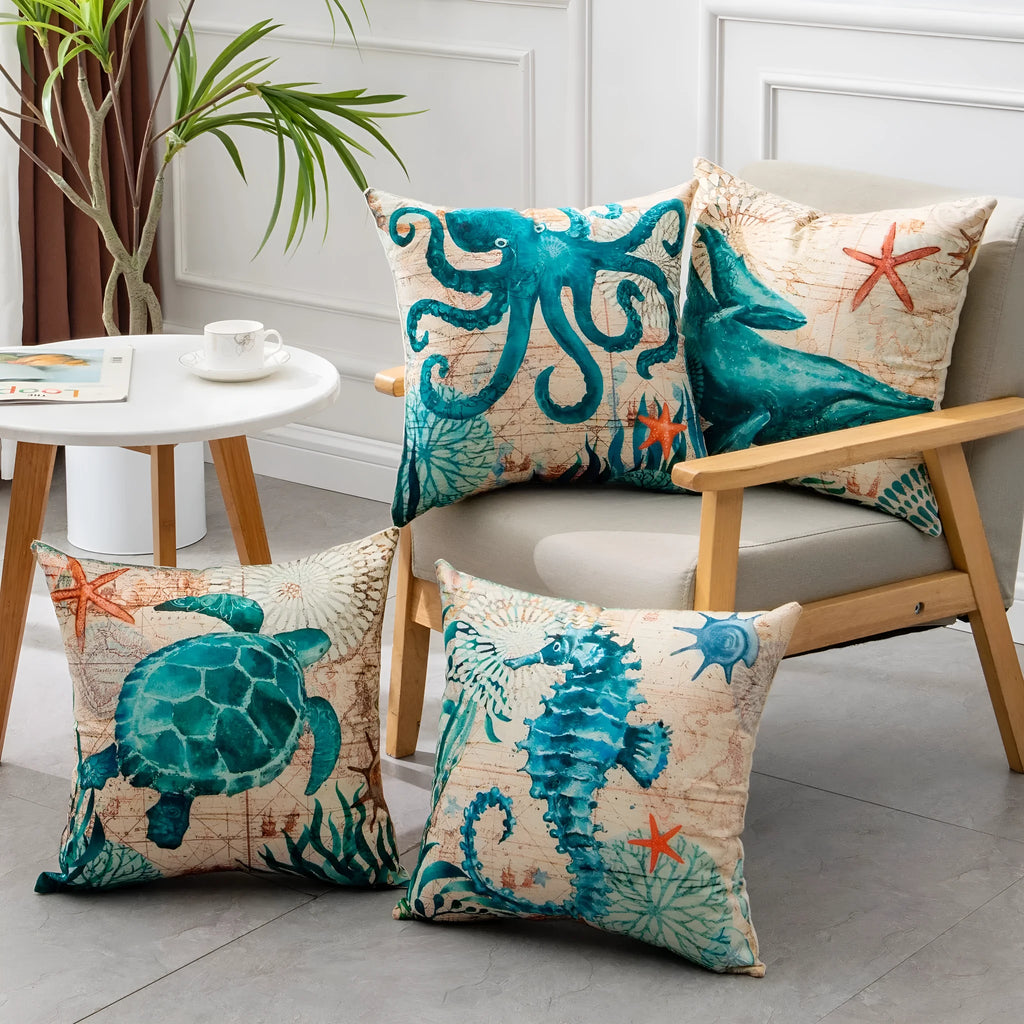 Sea turtle printed linen cushion cover 45x45cm with invisible zipper for sofa or chair