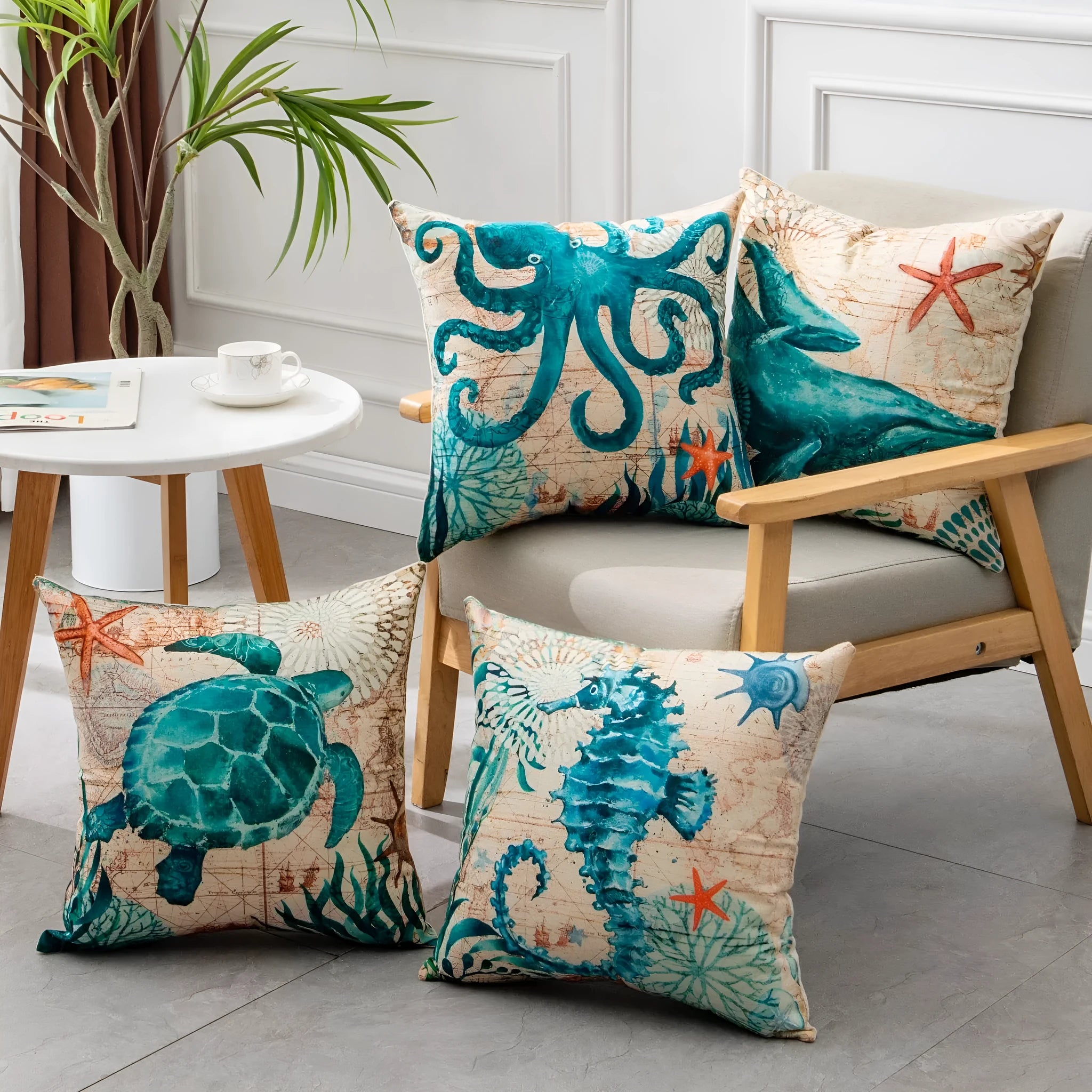 Sea turtle printed linen cushion cover 45x45cm with invisible zipper for sofa or chair