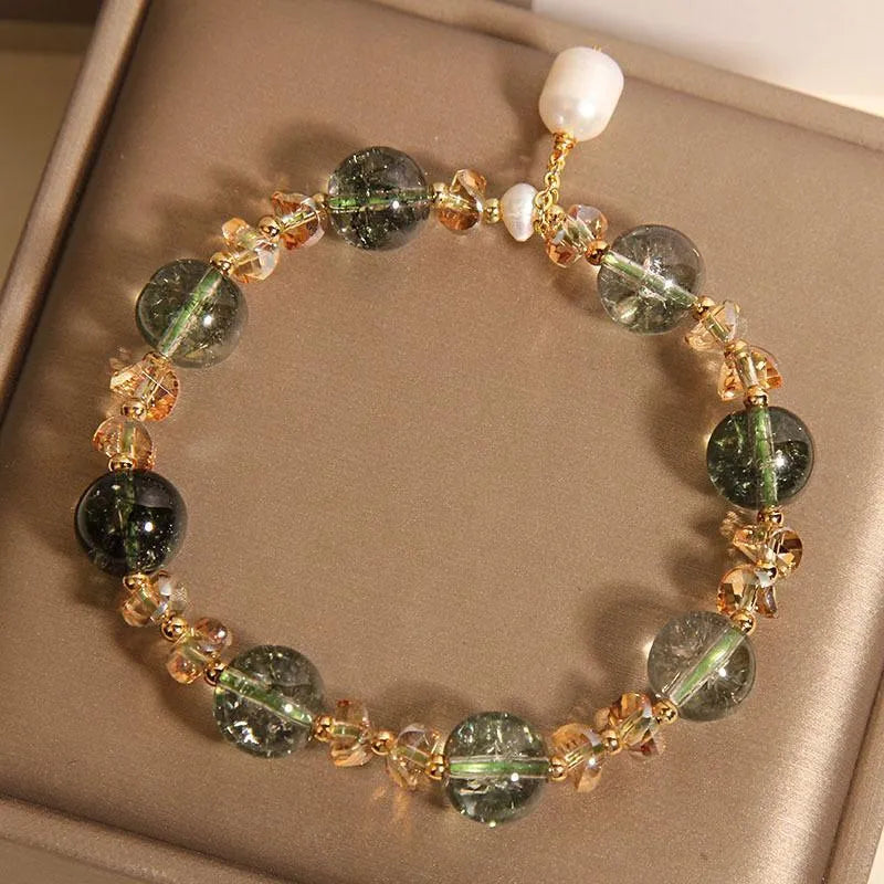 Women's green phantom quartz crystal bracelet with champagne accents in Japanese Korean style