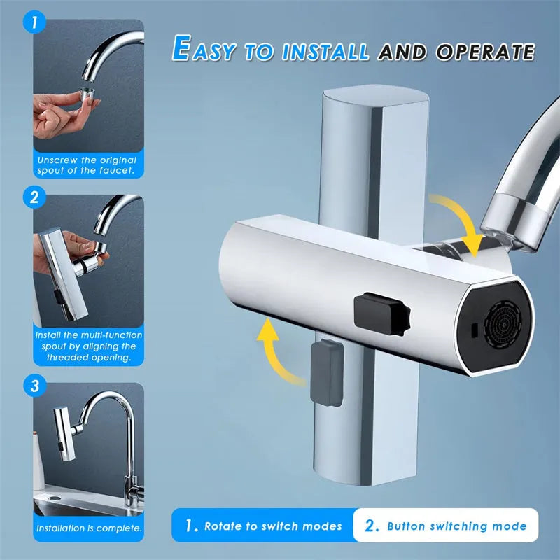 Kitchen faucet waterfall outlet connector with rotating bubbler and electroplated finish