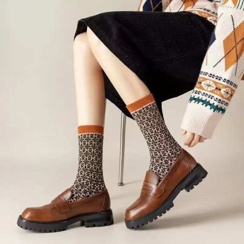 Women's mid-calf pure cotton double-knit retro ripple socks in mixed colours, autumn stack socks