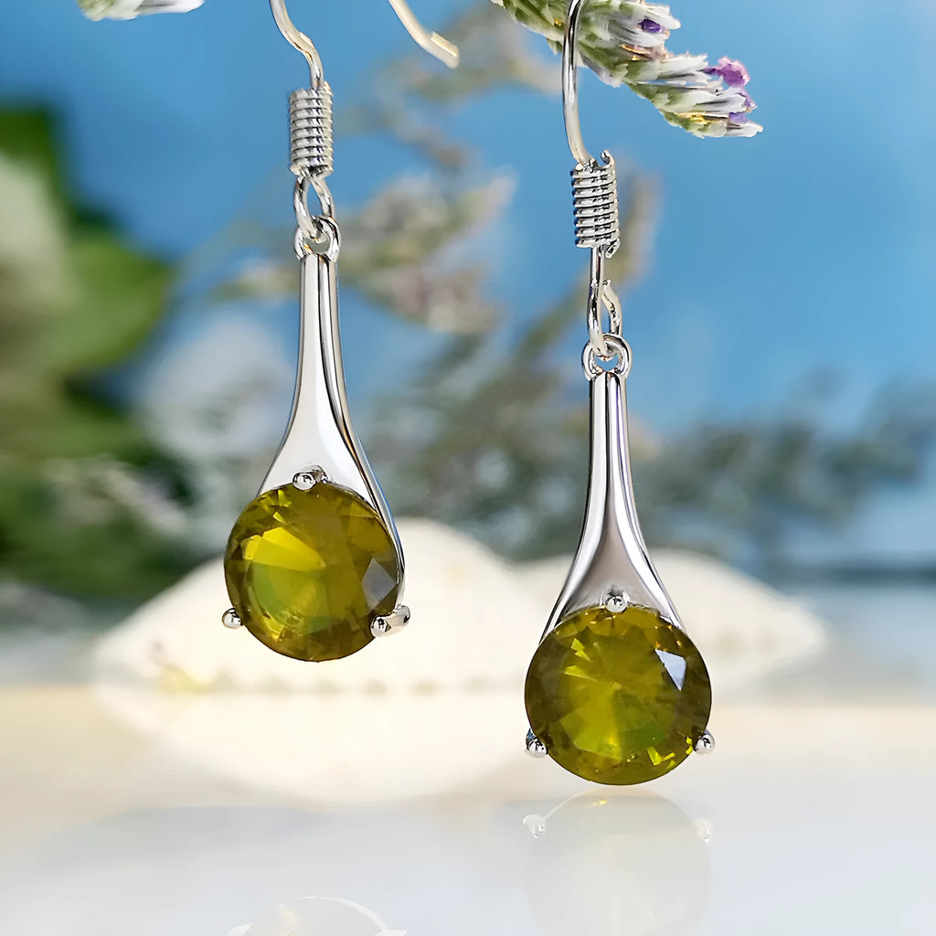 Olive green drop-shaped earrings with retro minimalist design and electroplated alloy construction