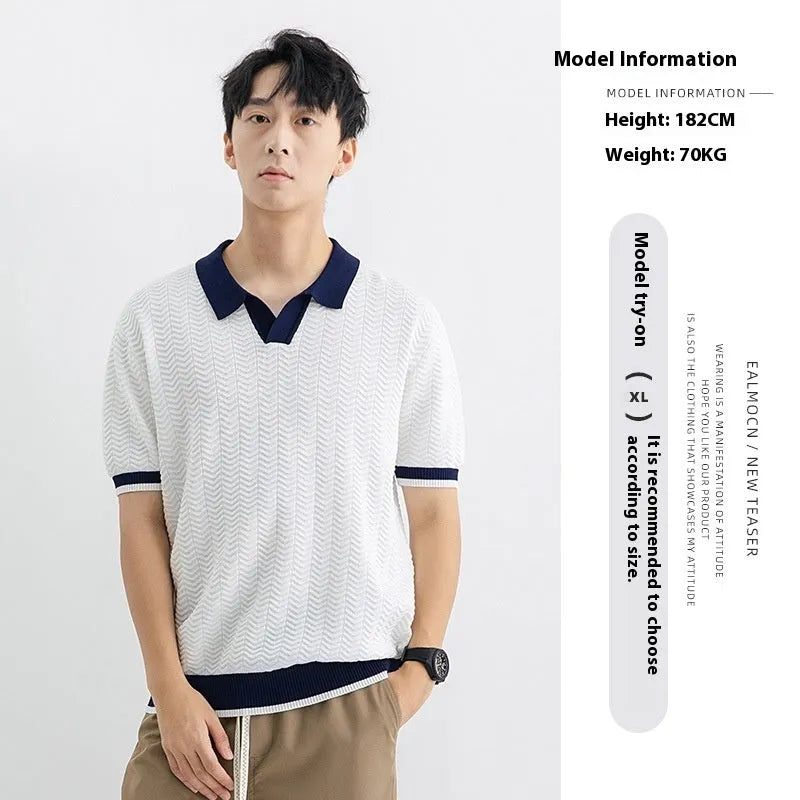 Men's ice silk polo shirt, short sleeve, striped pattern, slit detail, dark green colour, summer casual top