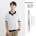 Men's ice silk polo shirt, short sleeve, striped pattern, slit detail, dark green colour, summer casual top