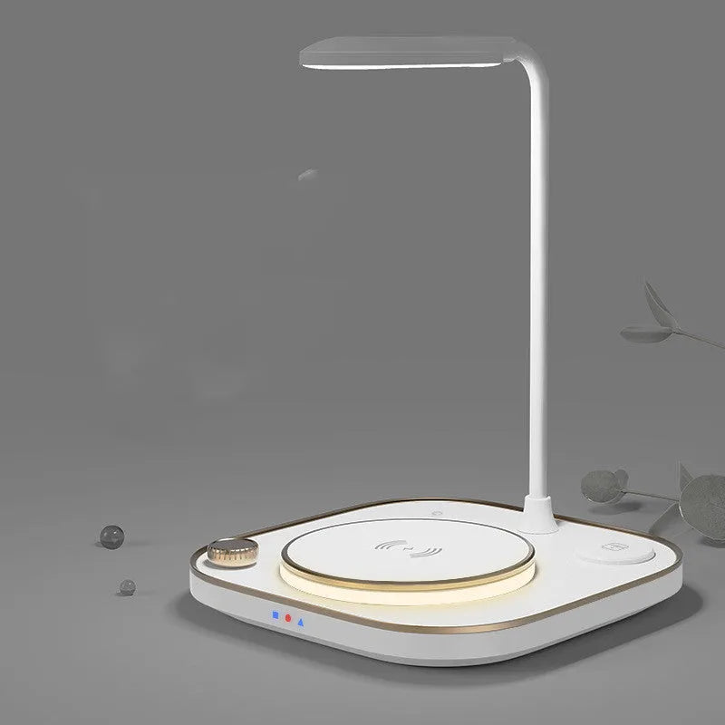 Three-in-one 15W wireless magnetic charging dock shown in black, with optional desk lamp style and USB cable.