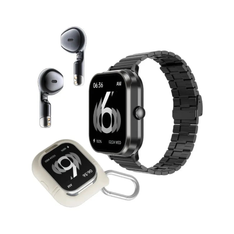 D8pro smart watch with TWS earphones black steel strap silicone case health monitoring