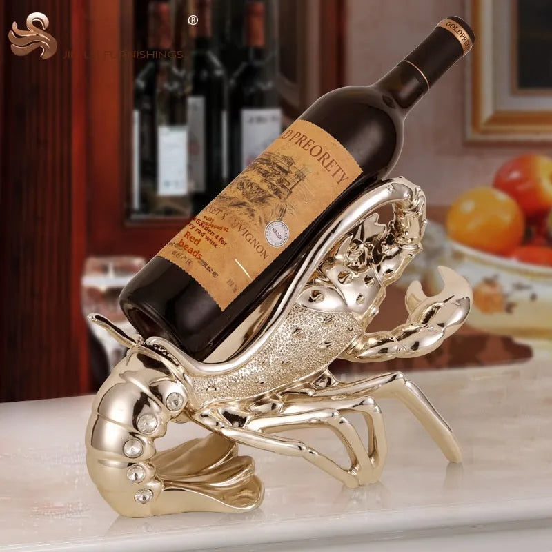 Lobster-shaped decorative wine rack ornament in rose gold or silver holding wine bottle
