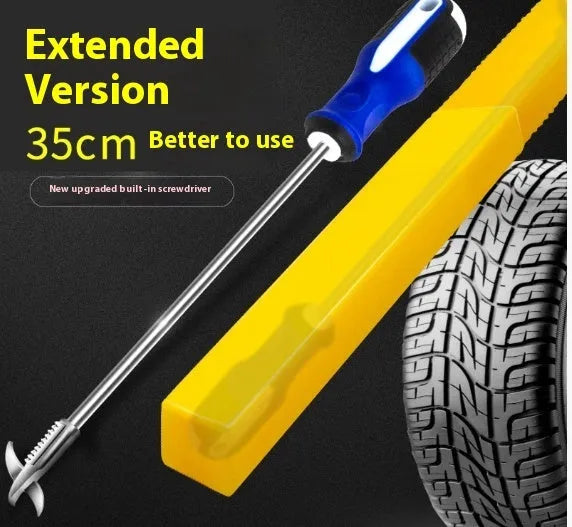 Portable alloy tyre cleaning tool set with built-in Phillips screwdriver and stone artifact, long style, on a white background.