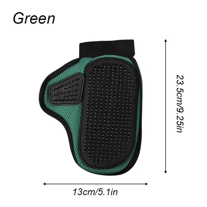 Gray cat hair removal glove with silicone massage tips on hand, adjustable wristband