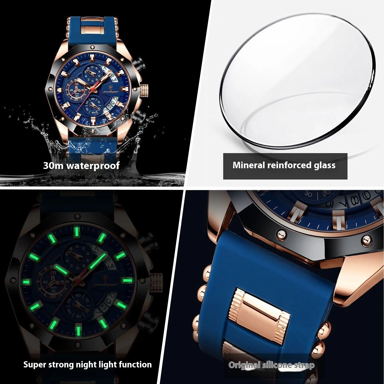 Men's chronograph watch with silicone strap showing diamond dial and 10mm case thickness