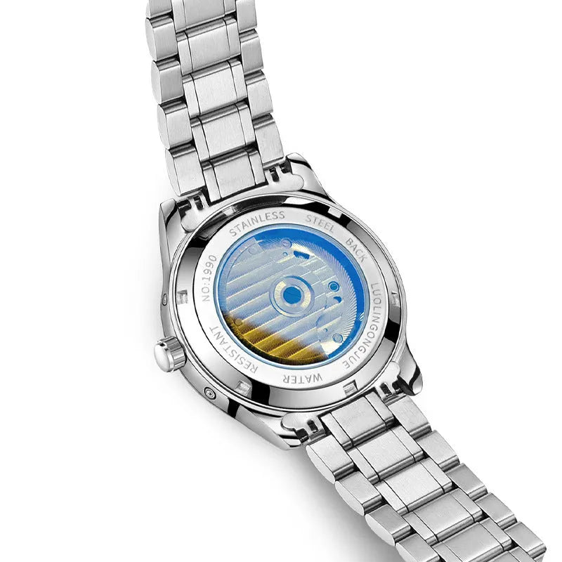 Men's stainless steel mechanical watch with hollow dial, sapphire glass, and genuine leather strap.