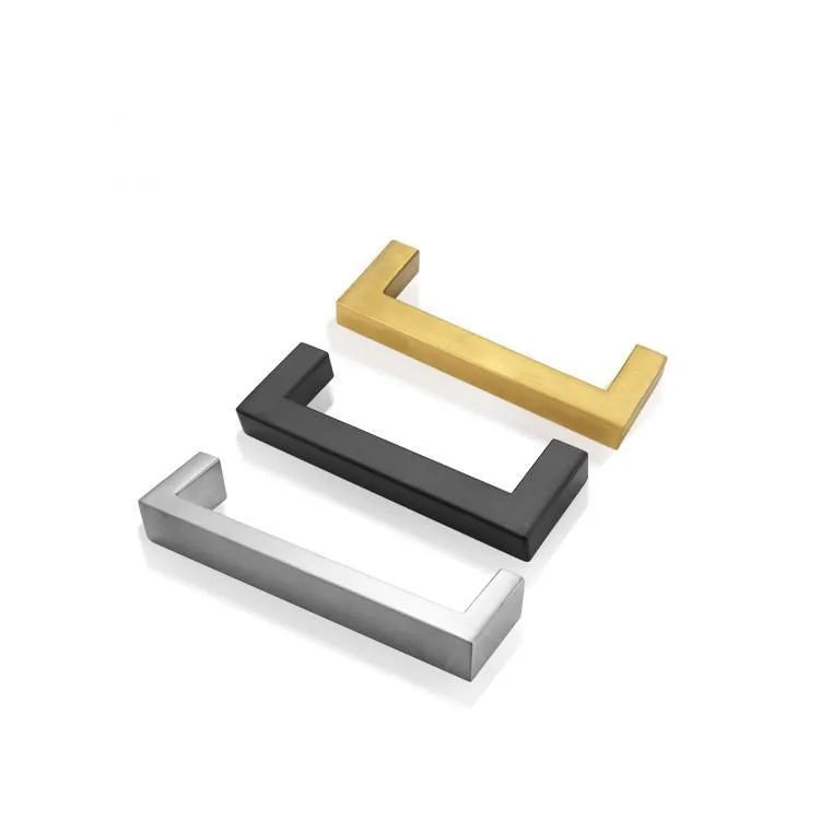 Stainless steel square pipe cabinet door handle in brushed silver finish, shown alongside matte black and brushed gold options.