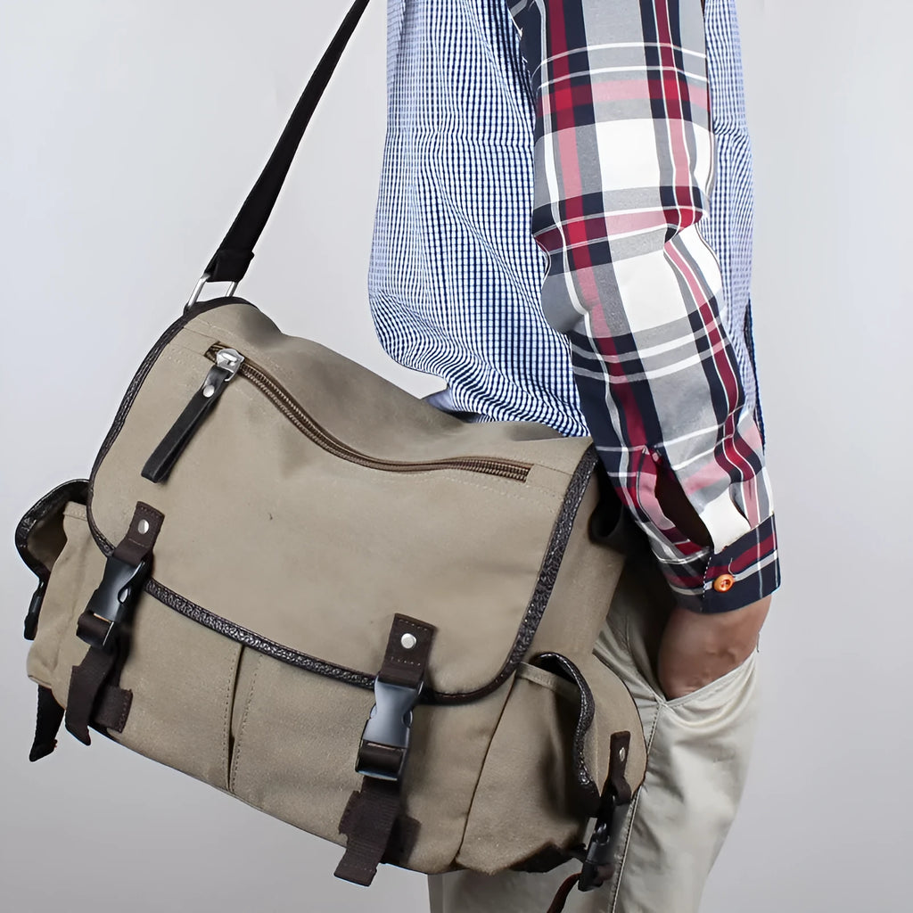 Canvas male postman crossbody backpack in grey black with logo retro style