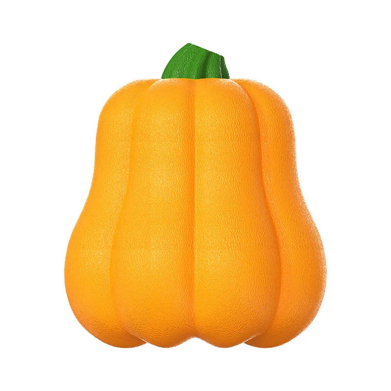 Orange plastic Bite Molar dog toy with an attached brown rope handle on a grassy background.