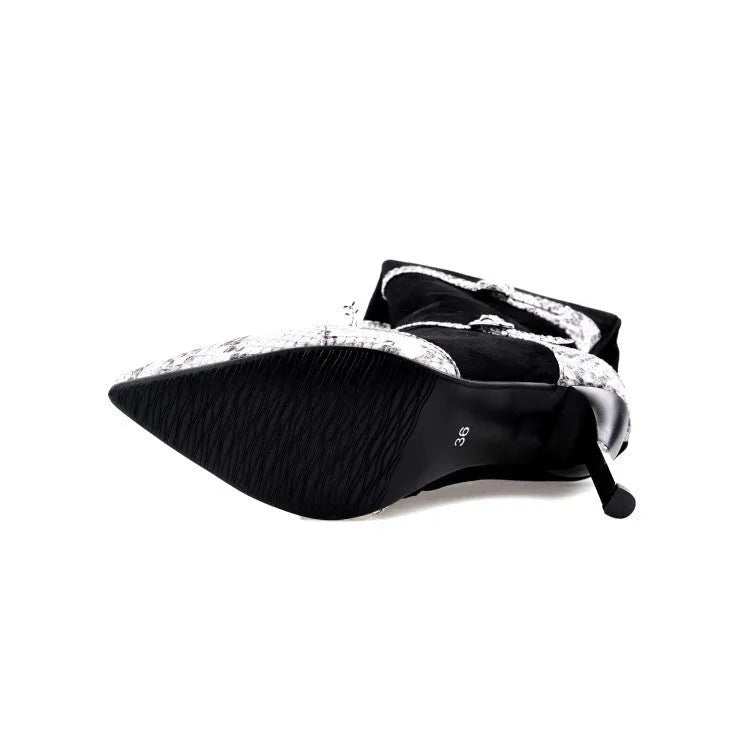 Women's grey knee high stiletto boots with a 9cm heel and pointed toe on a plain background.