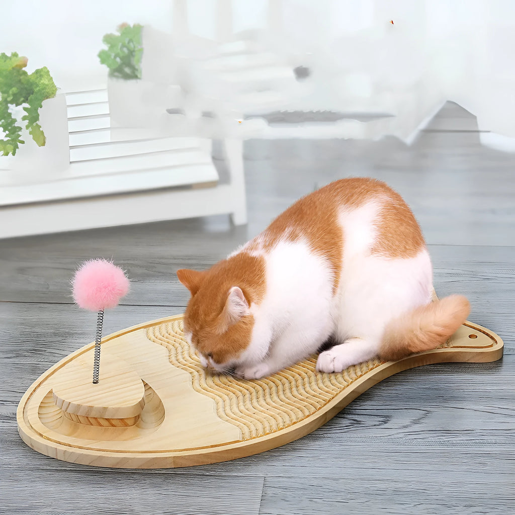 Natural wood coloured cat scratcher made of pine wood and rex rabbit fur, placed on floor for pet play