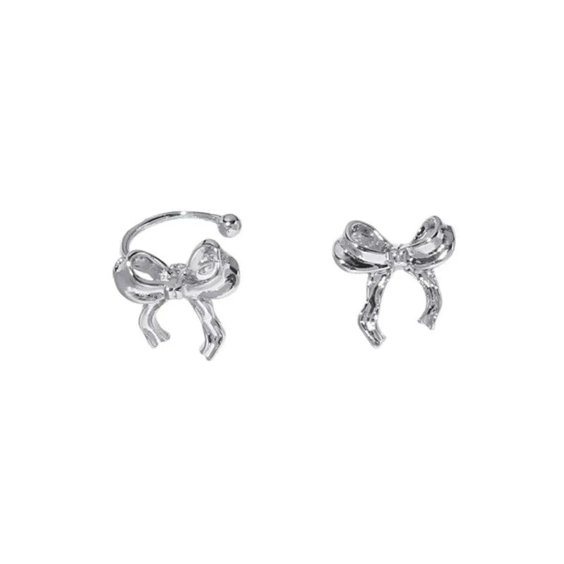 Silver bow earrings for women, copper electroplated, single ear clip and bow ear buckle single, cold wind style