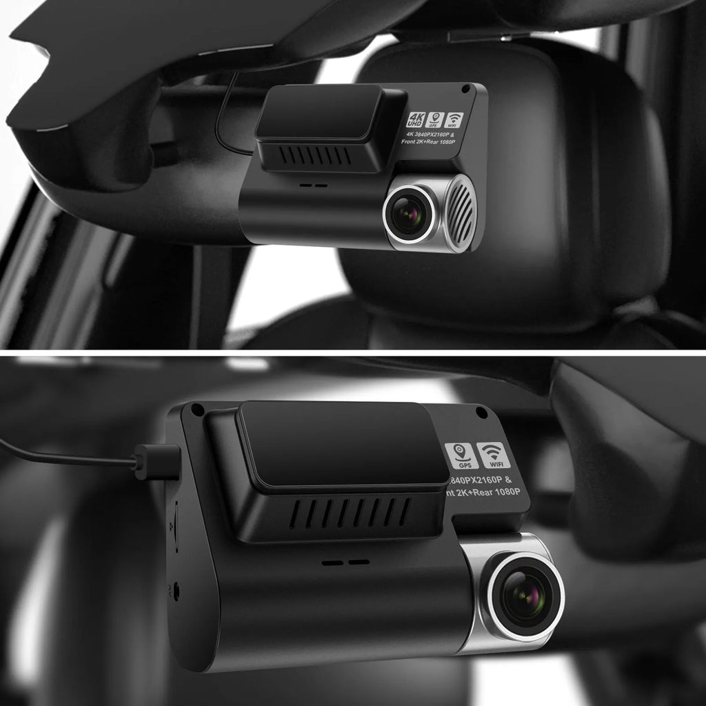 V55 4K UHD night vision car camera dash cam with double lens and front windshield mount in black