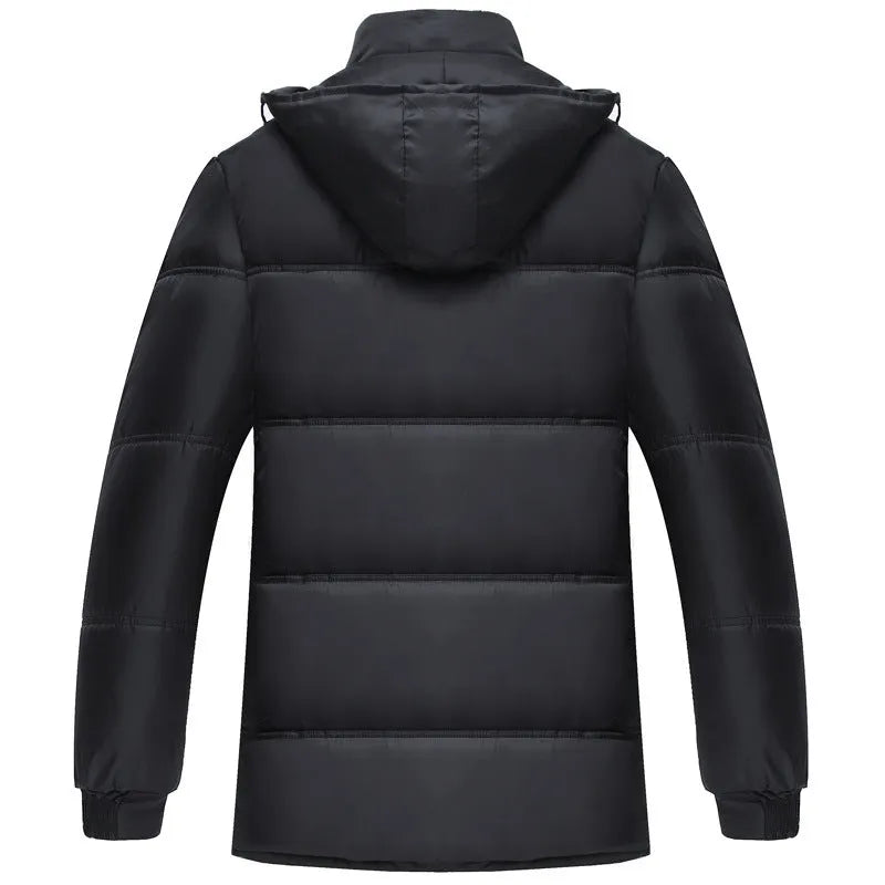 Men's winter coat jacket with detachable hat in white, yellow, and gray, loose fit polyester outerwear.