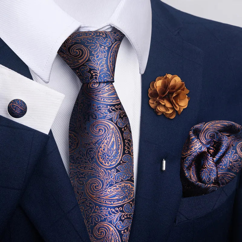 Floral jacquard polyester yarn tie and pocket square combo set for men, 147cm length, 50 colour options