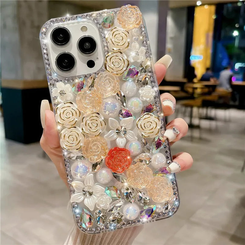 Full diamond rose flower TPU phone case for iPhone 15 Pro Max in red colour with anti-fingerprint finish