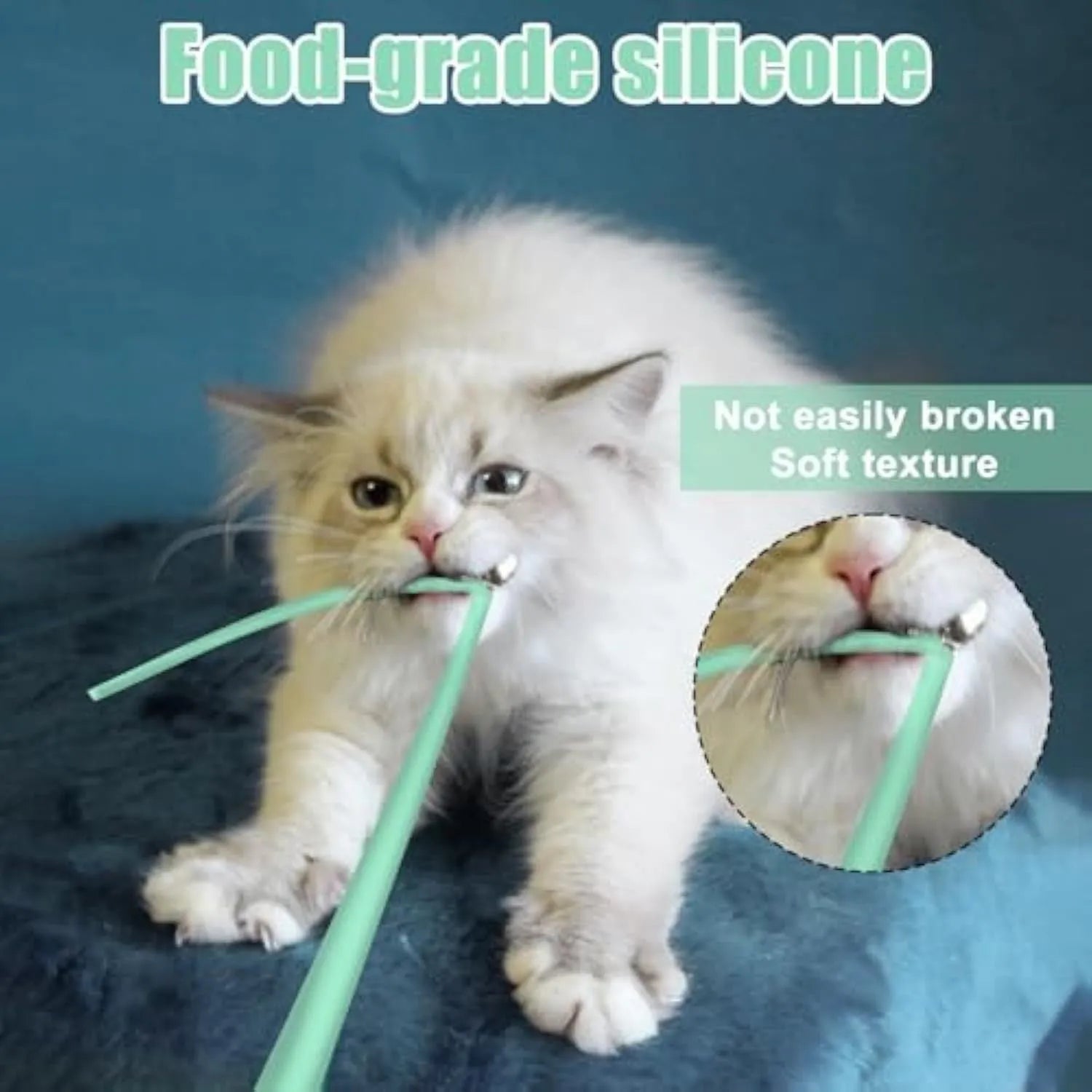 Green rechargeable automatic cat wand toy with swinging silicone tail on a white background.