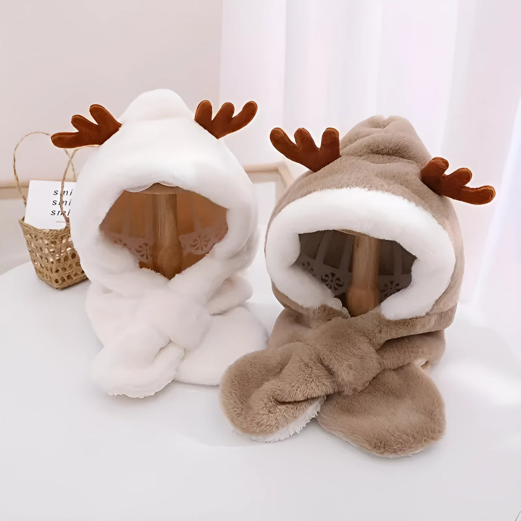 Cute deer plush winter hat with scarf for girls, 44-54cm, in blue, khaki, pink, or white.