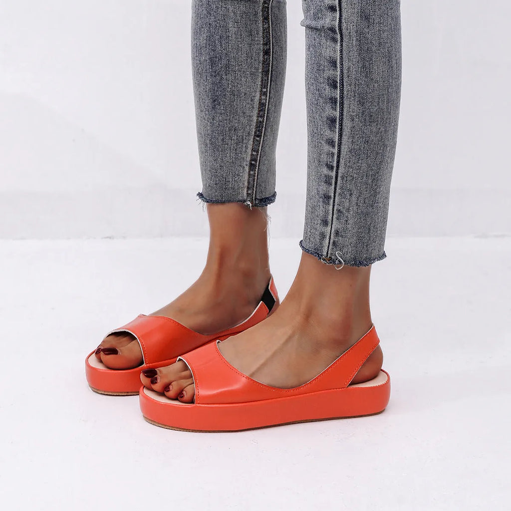 Women's solid colour fish mouth flat sandals with back strap, artificial PU upper, rubber sole