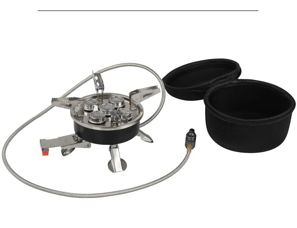 Silver portable split camping stove with stainless steel body and a long black flexible hose.