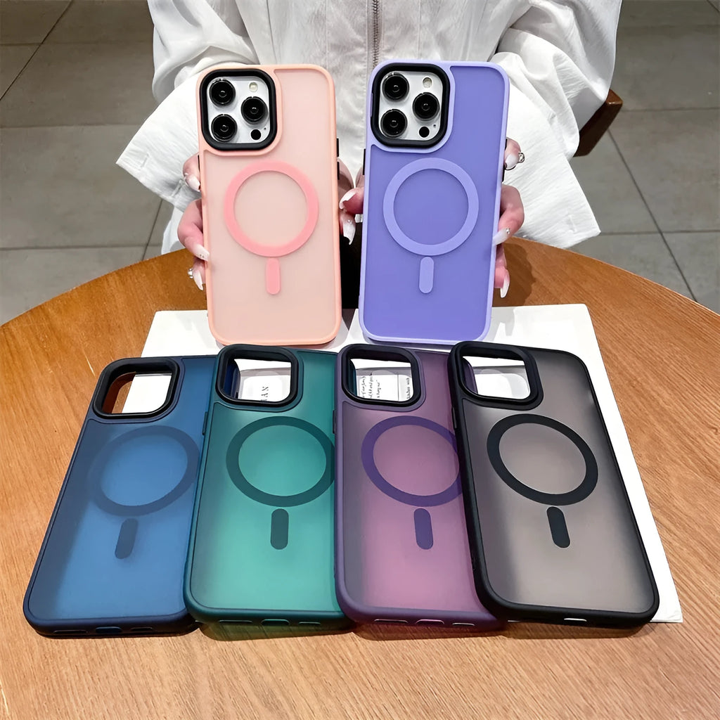 Magnetic acrylic frosted phone case for iPhone 16 series in black, dark green, dark purple, grass purple, pink or sapphire blue
