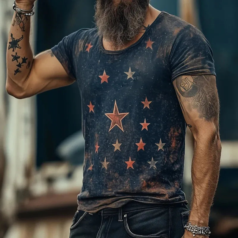 Short sleeve art retro T-shirt with a raised 3D pattern design, shown in a loose fit.