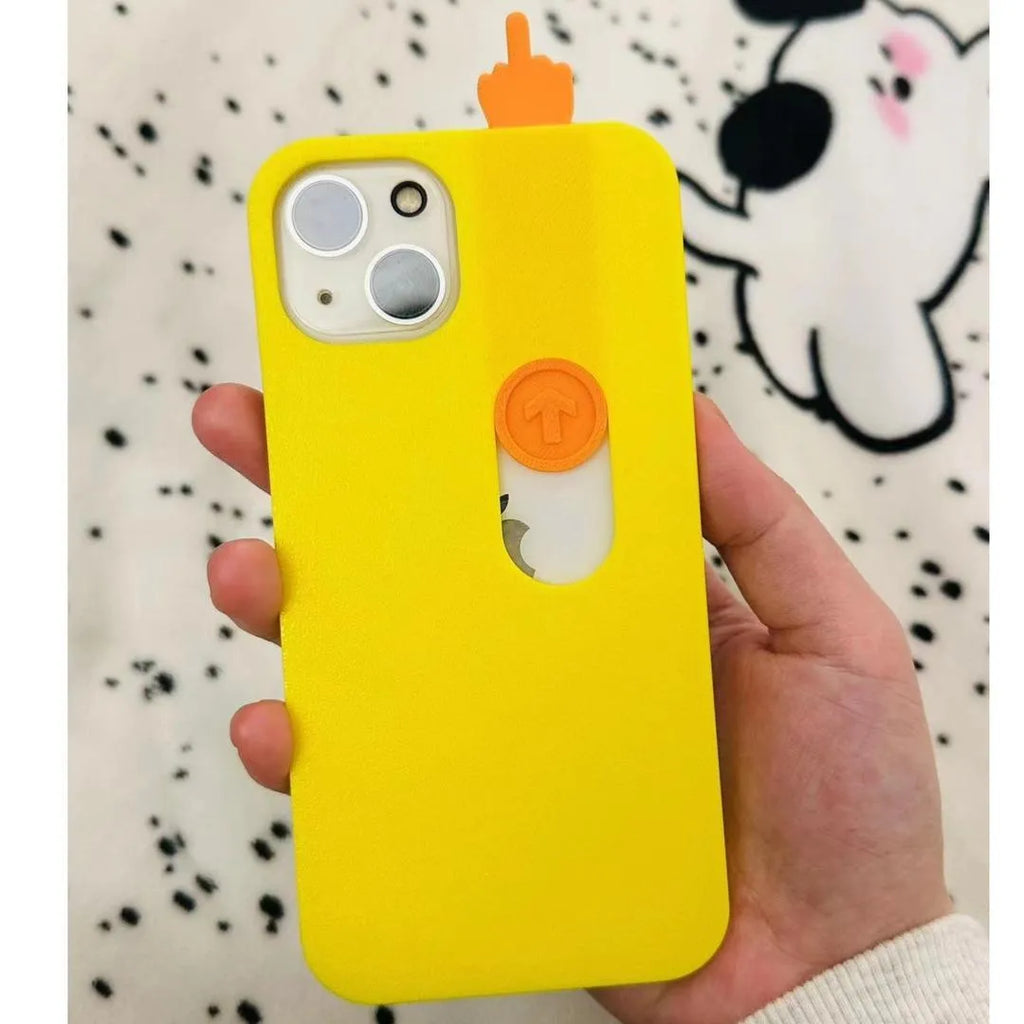 Bright yellow 3D printed sliding middle finger phone case for iPhone with fall protection