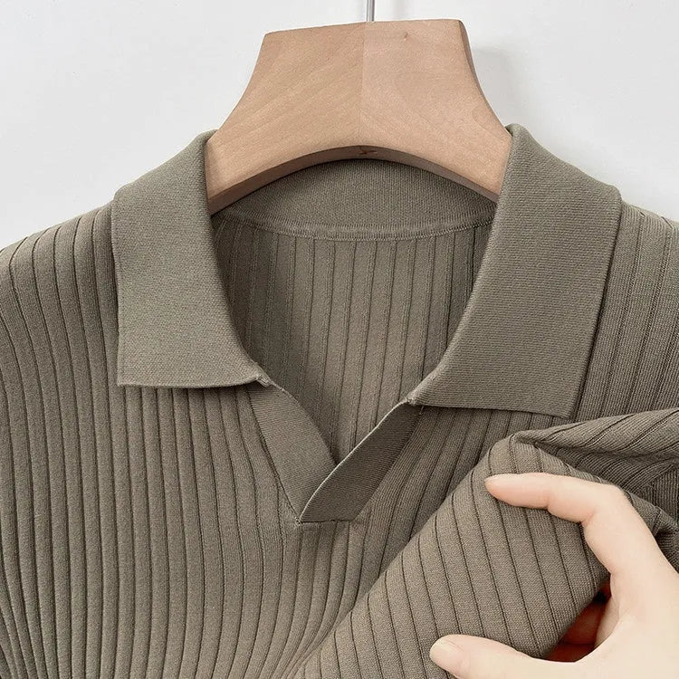 Men's striped Mulberry Silk T-shirt with a lapel collar in a selection of colours.
