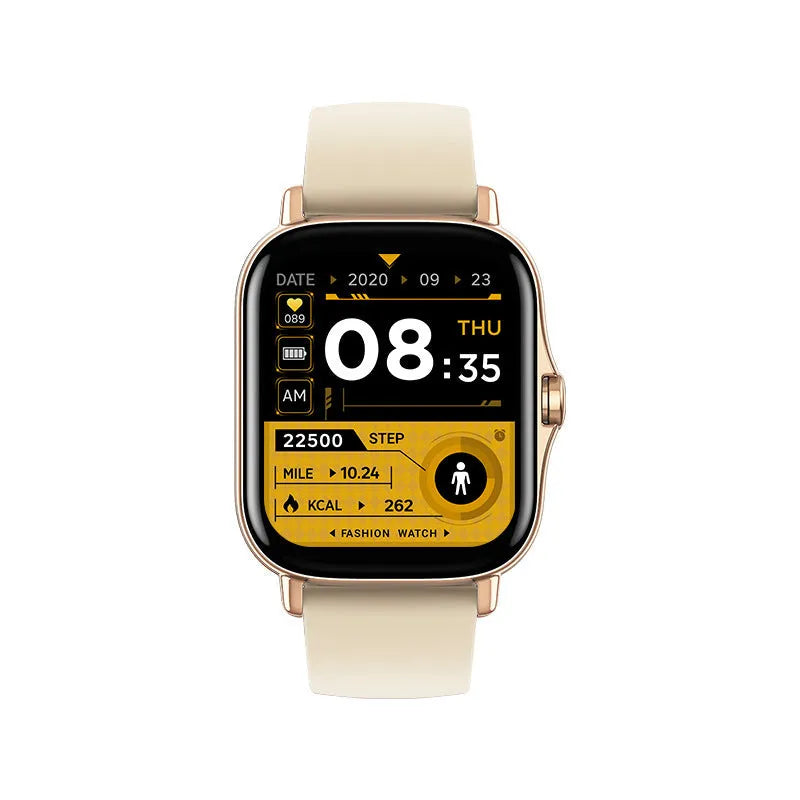 GT20 black smartwatch with alloy case and silicone strap showing heart rate display on screen.