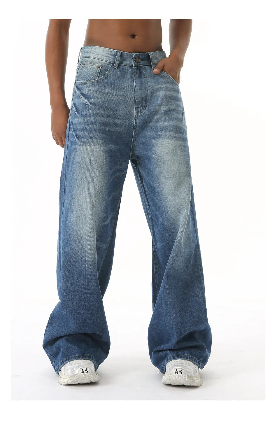 Men's retro washed light blue jeans, loose straight wide leg, mid waist, zipper fly, cotton blend