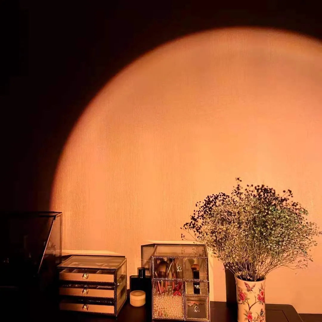 Rechargeable rainbow sunset projection lamp with USB connector showing sunset red colour projection