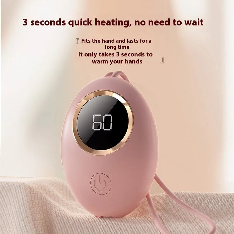 A portable hand warmer and power bank unit with a digital display, shown in various colour options.