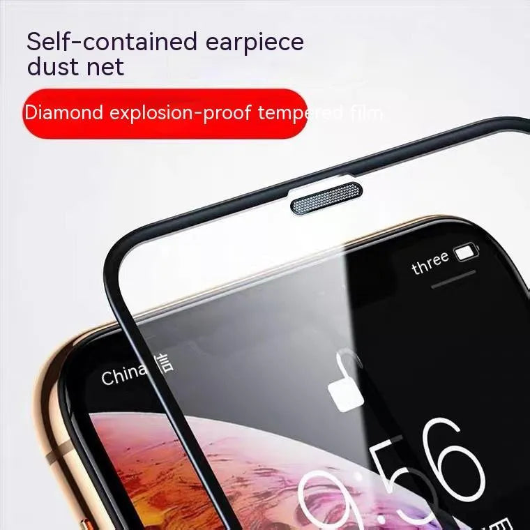 Privacy tempered glass screen protector with dustproof net for iPhone showing anti-peep and blue light filter variants