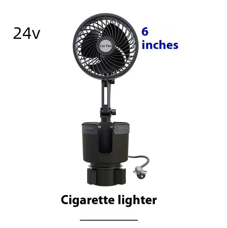 ABS plastic car cup holder fan showing 4-inch and 6-inch size options for 12V, 24V, or USB power.