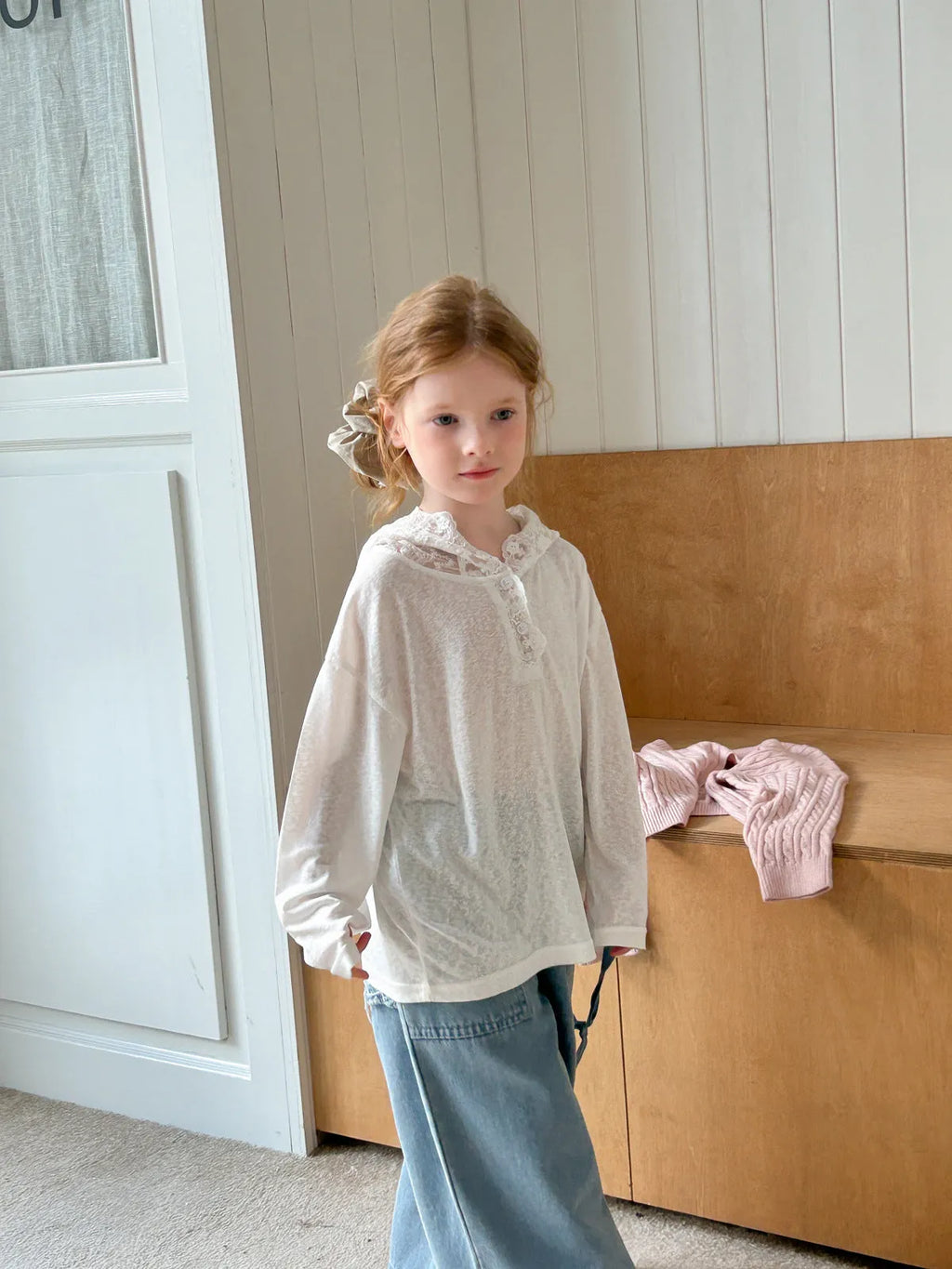 Girls' knitted cotton bottoming shirt top in white for 90-150cm height