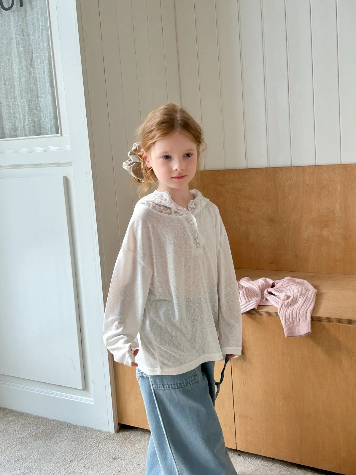 Girls' knitted cotton bottoming shirt top in white for 90-150cm height