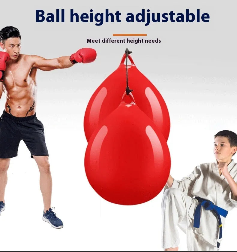 Red water-filled PVC boxing reaction ball with hook rope attachment for martial arts training