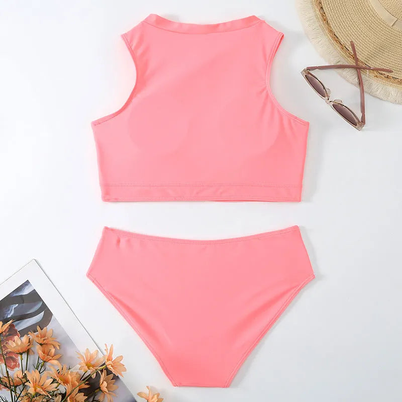 Pink high waist split bikini swimsuit with briefs design and mesh lining