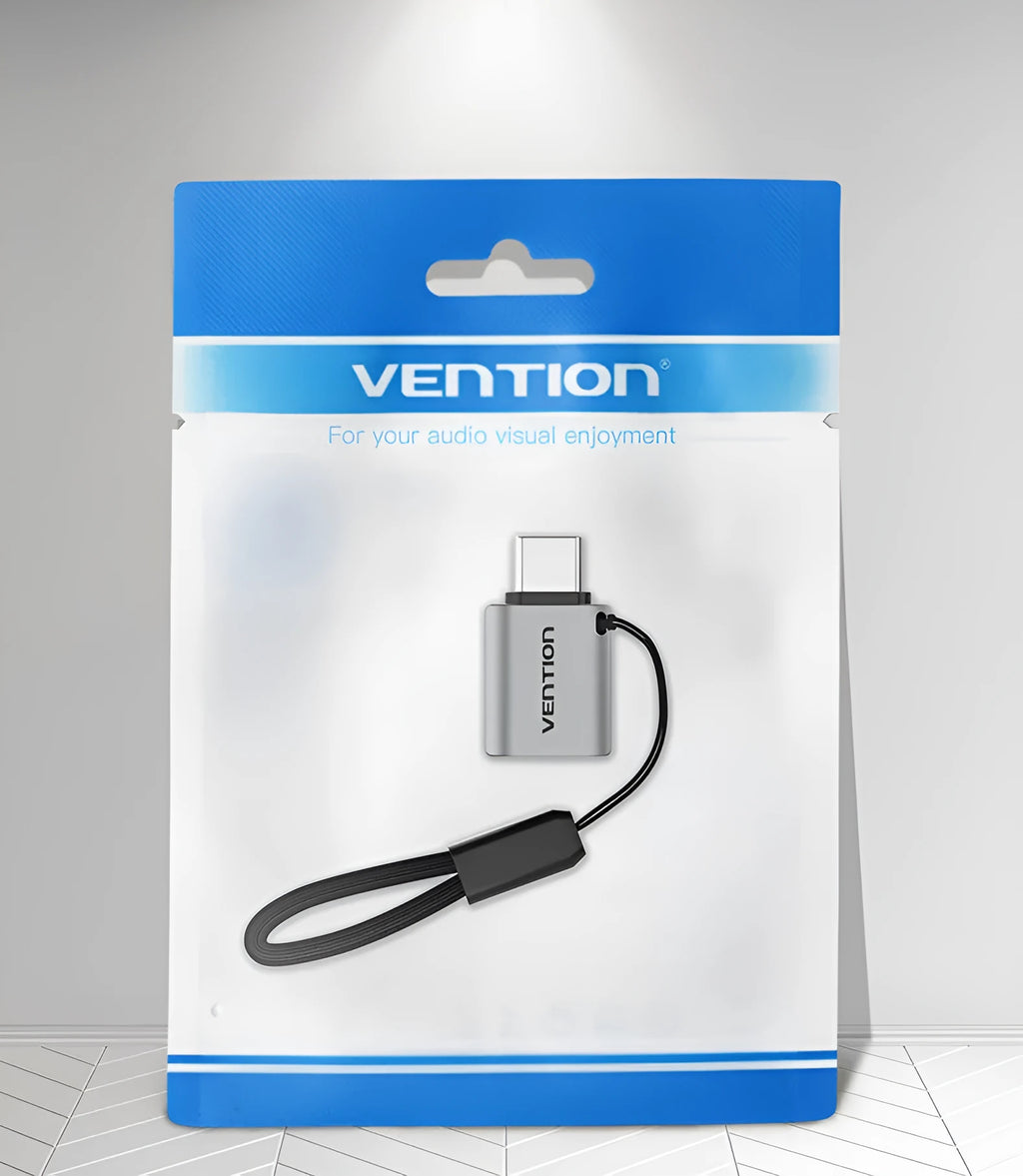 Grey aluminium alloy USB-C to USB-A OTG adapter with attached lanyard
