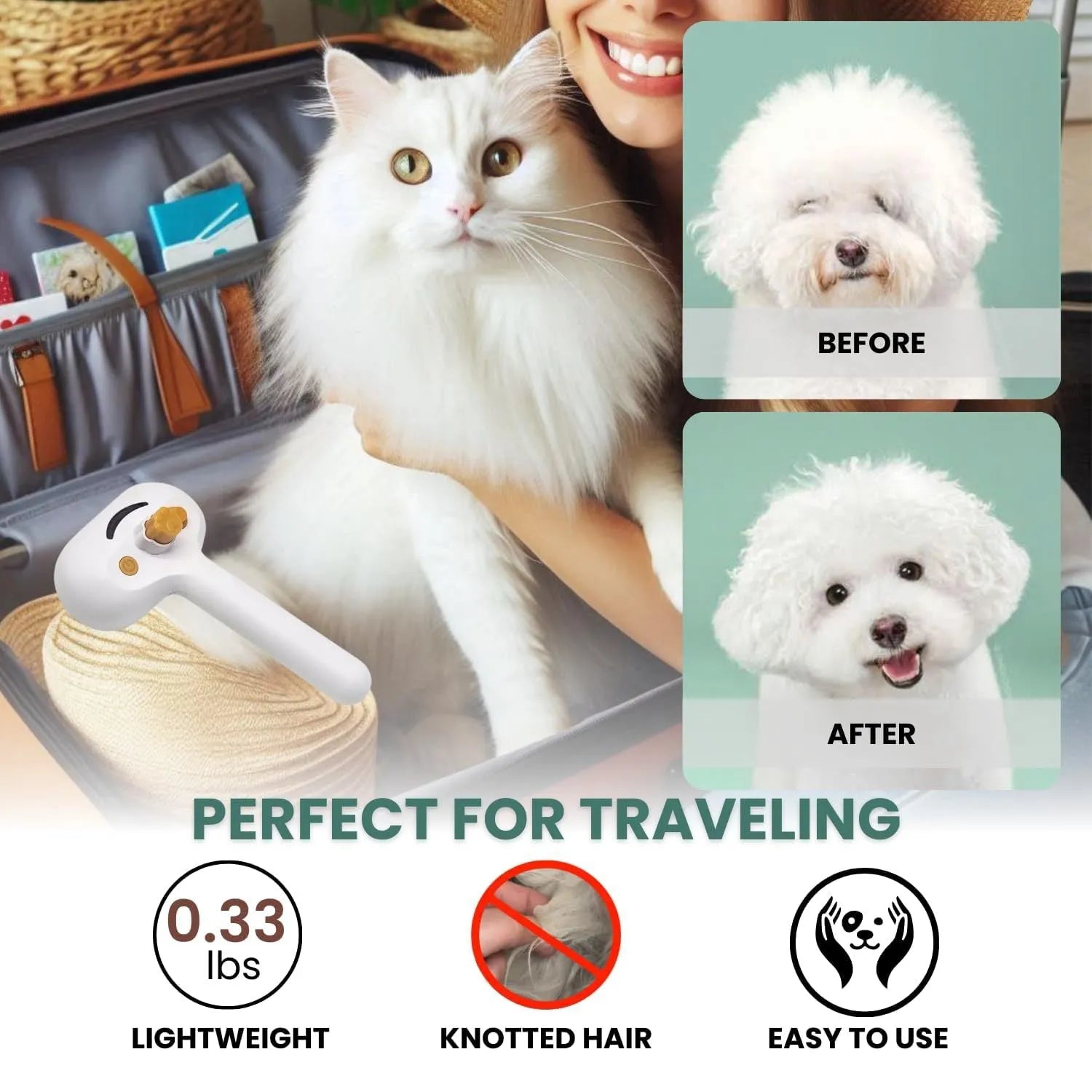 White pet grooming brush with built-in water tank and self-cleaning slicker head for dogs and cats.