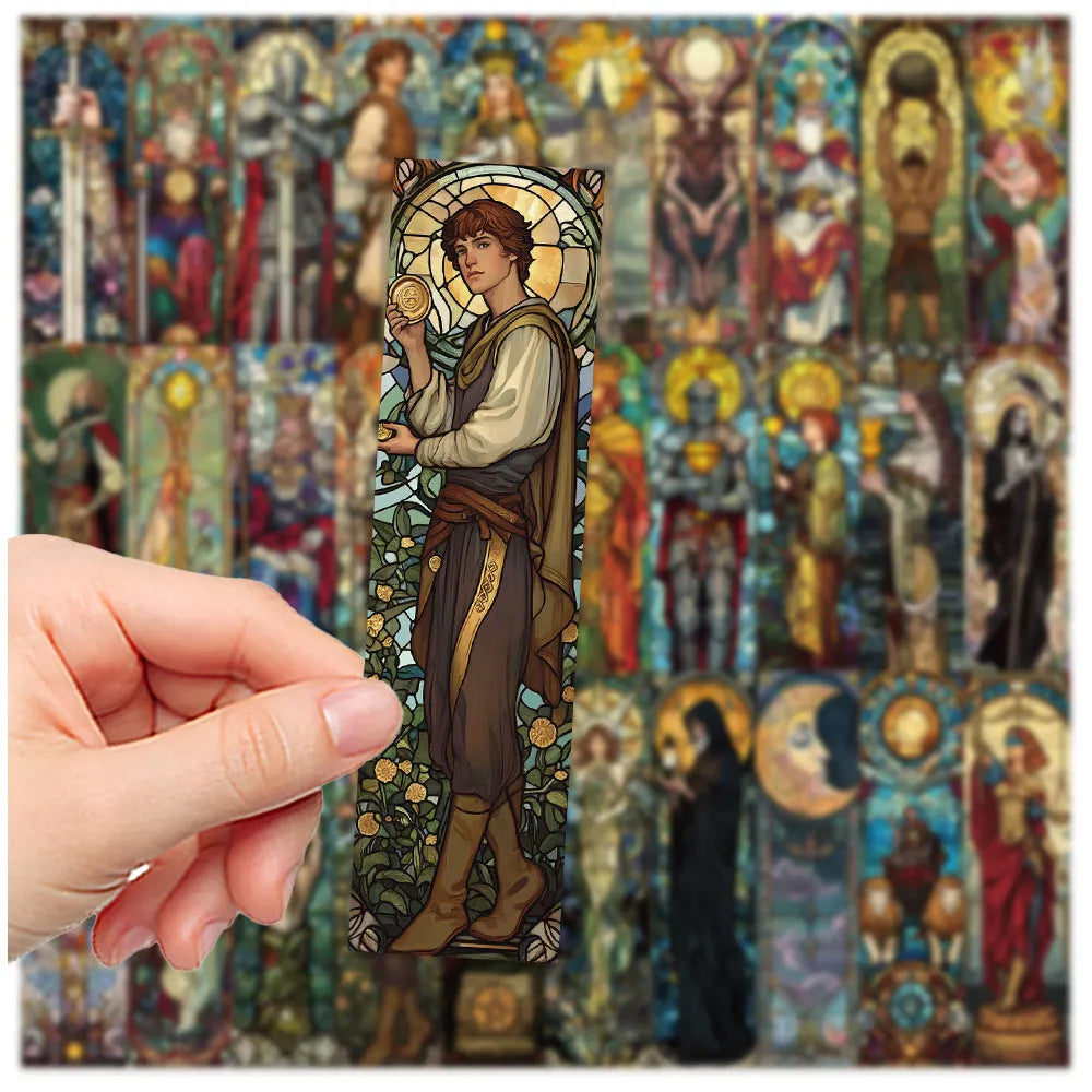 Set of 30 painted glass tarot design paper bookmarks in A5 size.