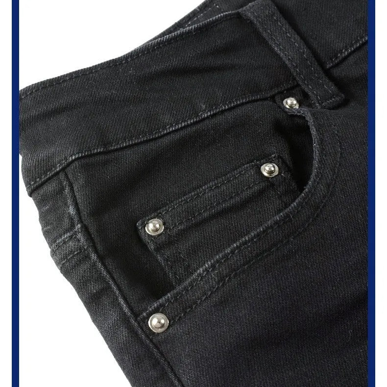 Black pleated jeans for men with double waistband, zip placket and collage splicing detail, 98% cotton